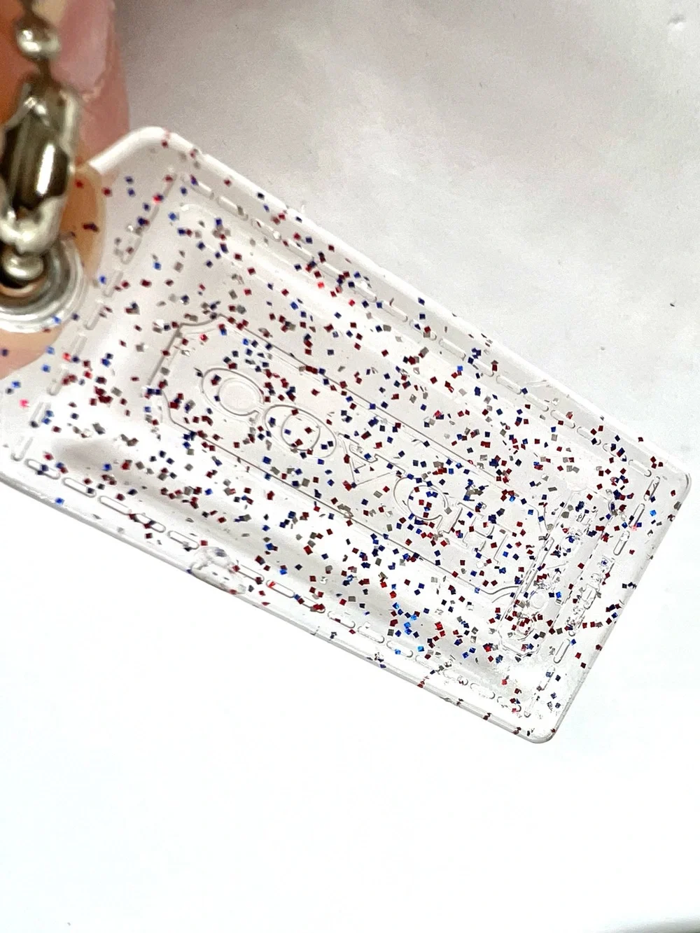 Coach Poppy Clear Red Blue Confetti Glitter Lucite Hangtag Ball Chain